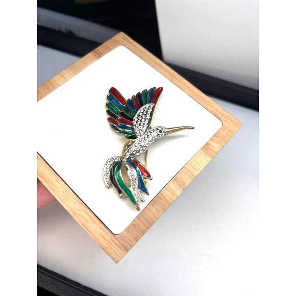 Colorful Hummingbird Brooch Pin With Rhinestones & Enamel Finish - Picture 2 of 9